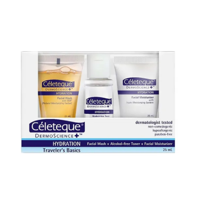 Bộ dưỡng ẩm du lịch Celeteque (Sữa rửa mặt 25ml + Nước hoa hồng không cồn 25ml + Kem dưỡng ẩm 25ml) 75ml